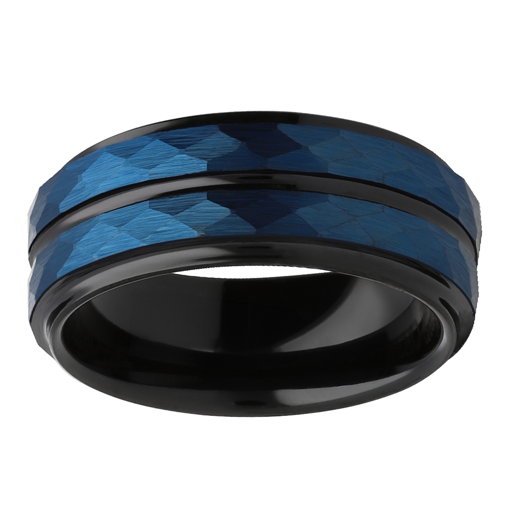 8mm Blue Brushed and Beveled Hammered Design Tungsten Ring