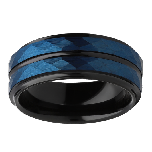 8mm Blue Brushed and Beveled Hammered Design Tungsten Ring