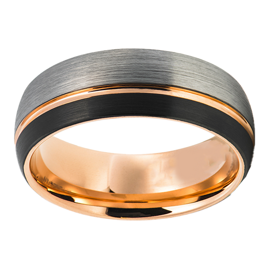 8mm Tri-Colour with Rose Gold Inlay Polished Tungsten Ring