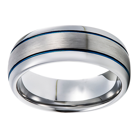 8mm Domed with double blue inlay Tungsten Ring