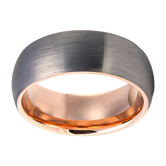 8mm Domed Brushed with Rose Gold Plated Inlay Tungsten Ring