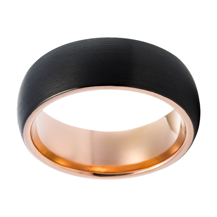 8mm Domed Black Brushed with Rose Gold Plated Inlay Tungsten Ring