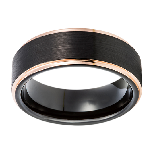 8mm Rose Gold Beveled Edge Black Tungsten Ring