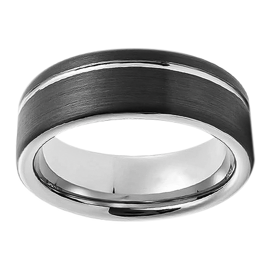 8mm Brushed Black Single Line Groove Tungsten Ring