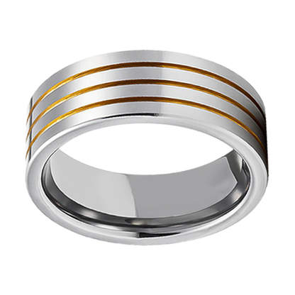 8mm Polished Tri Yellow Gold Plated Grooves Tungsten Ring
