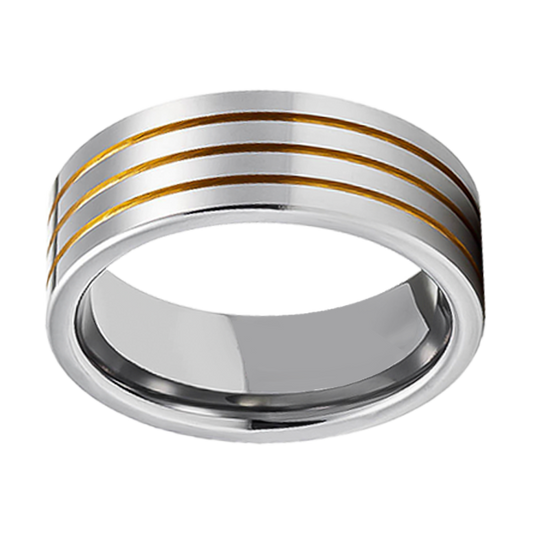 8mm Polished Tri Yellow Gold Plated Grooves Tungsten Ring