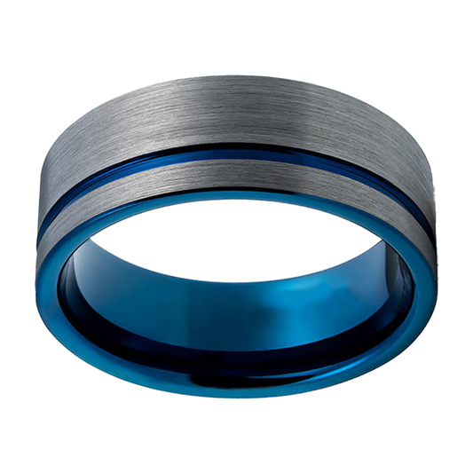 8mm Brushed With Blue Inlay and Groove Tungsten Ring