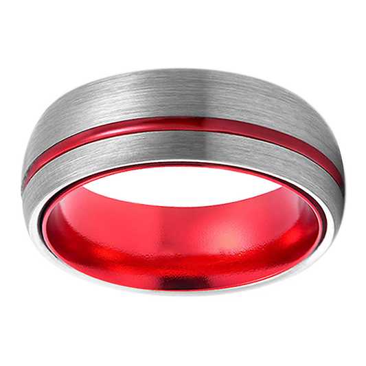 8mm Domed Brushed with Red Polished Inlay Tungsten Ring