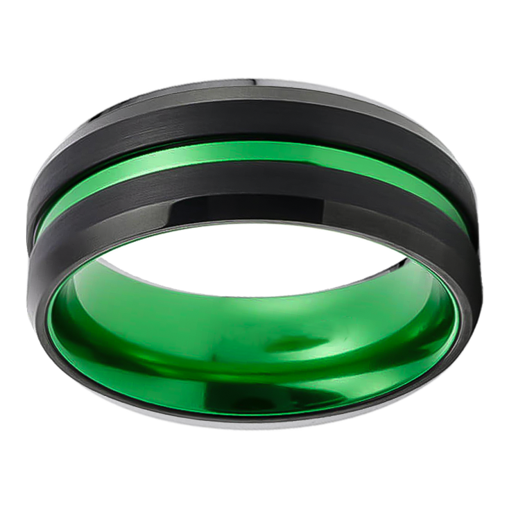 8mm Brushed Black Polished Green Inlay Tungsten Ring