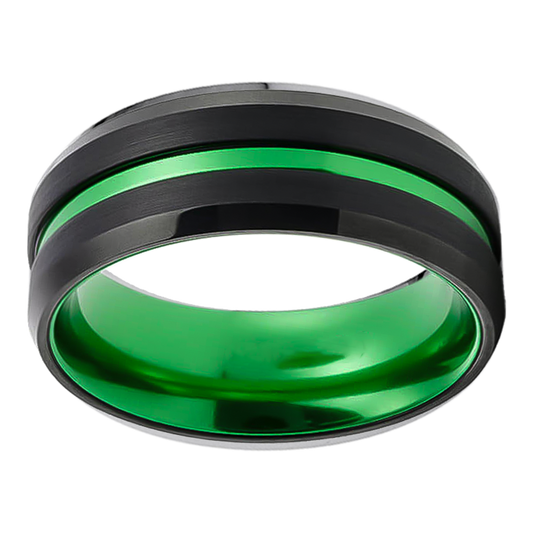 8mm Brushed Black Polished Green Inlay Tungsten Ring