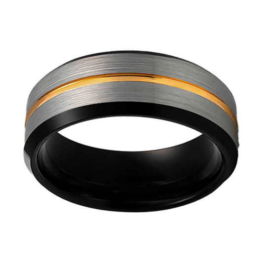 8mm Brushed Black and Grey Polished Yellow Gold Plated Inlay Tungsten Ring