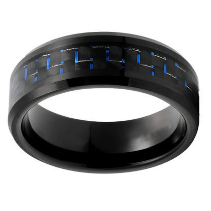 8mm Black with Black and Blue Carbon Inlay Tungsten Ring