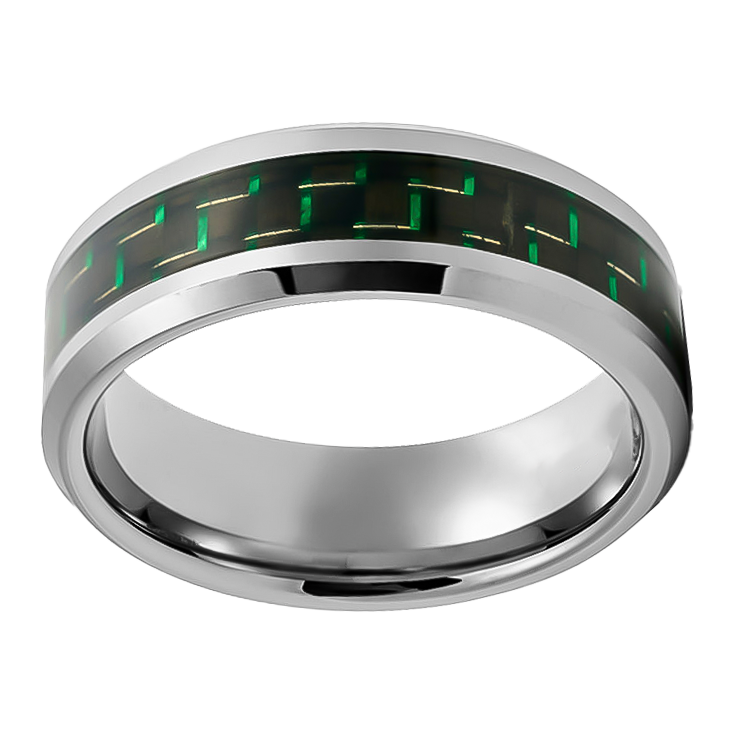 8mm Silver with green Carbon Inlay Tungsten Ring