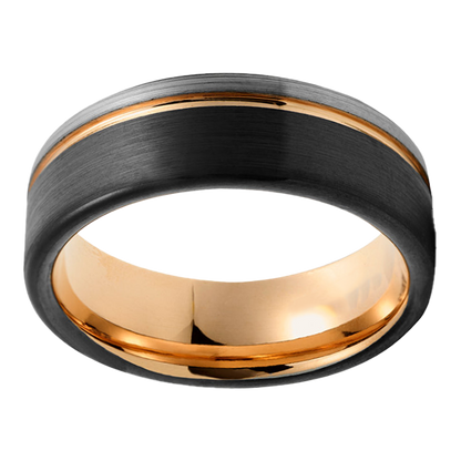 8mm Black Grey Brushed With Rose Gold plating Inlay and Groove Tungsten Ring