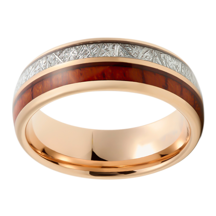 8mm Rose Gold Plated Silver Carbon and Wood Inlay Tungsten Ring