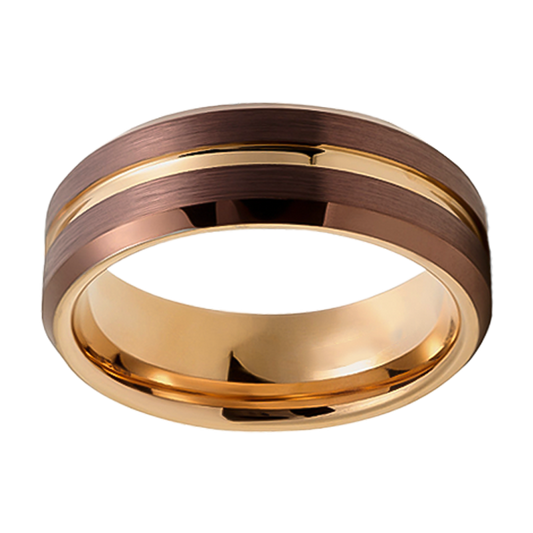 8mm Matte Brown Bevel Raised and Plated Yellow Gold Tungsten Ring