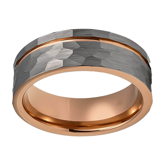 8mm Hammered Brushed with Rose Gold plated Polished Tungsten Ring