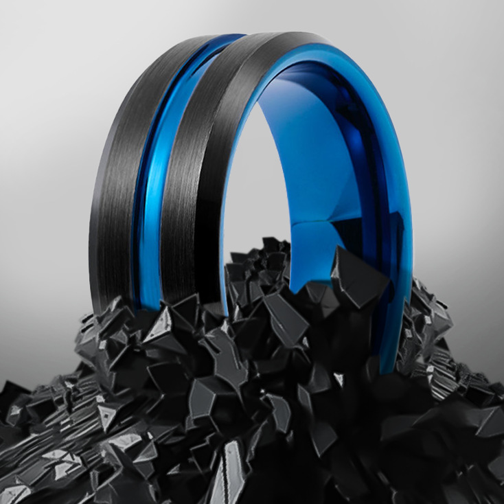 8mm Black Brushed Beveled Edge with Blue Polished Inlay Tungsten Ring