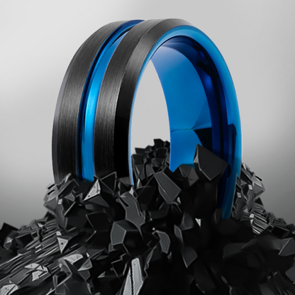 8mm Black Brushed Beveled Edge with Blue Polished Inlay Tungsten Ring