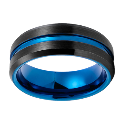 8mm Black Brushed Beveled Edge with Blue Polished Inlay Tungsten Ring