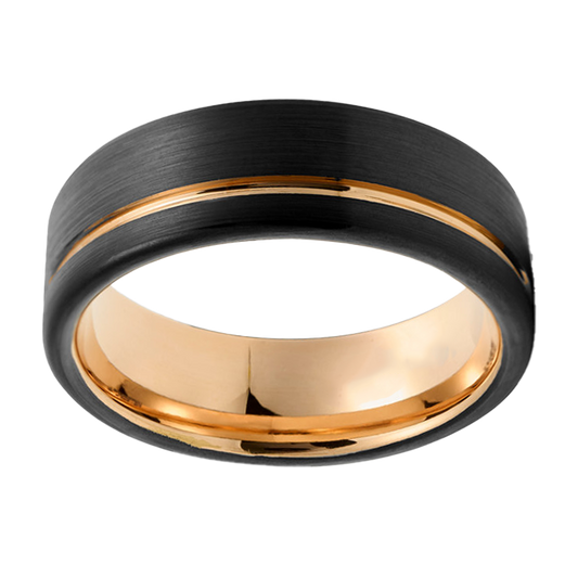 8mm Rounded Black Brushed with Rose Gold Plated Polished Groove Tungsten Ring