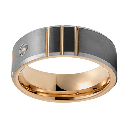 8mm Brushed Silver with Yellow Gold Plated Inlay and a single Stone Tungsten Ring