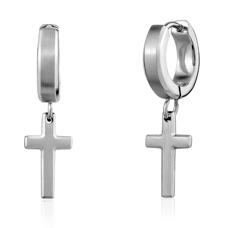 Mens Cross Pendant Hoop Huggie Stainless Steel Studs