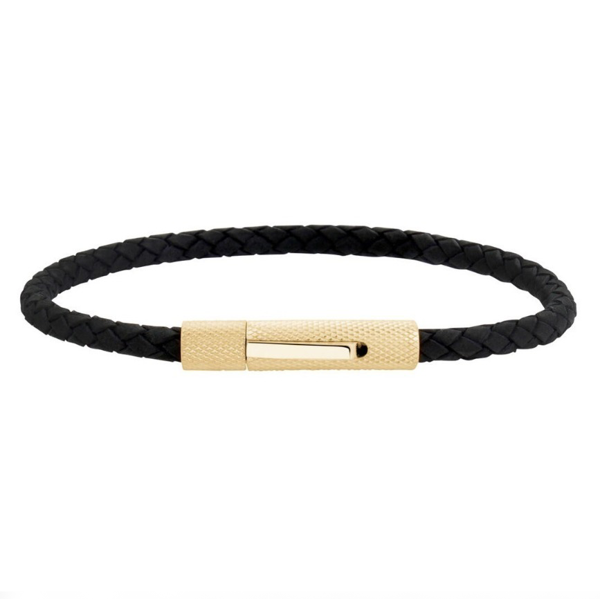 6mm Woven Genuine Black Leather with Textured Clasp Steel Bracelet