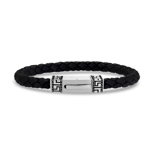 Greek Design Black Leather Gents Bracelet